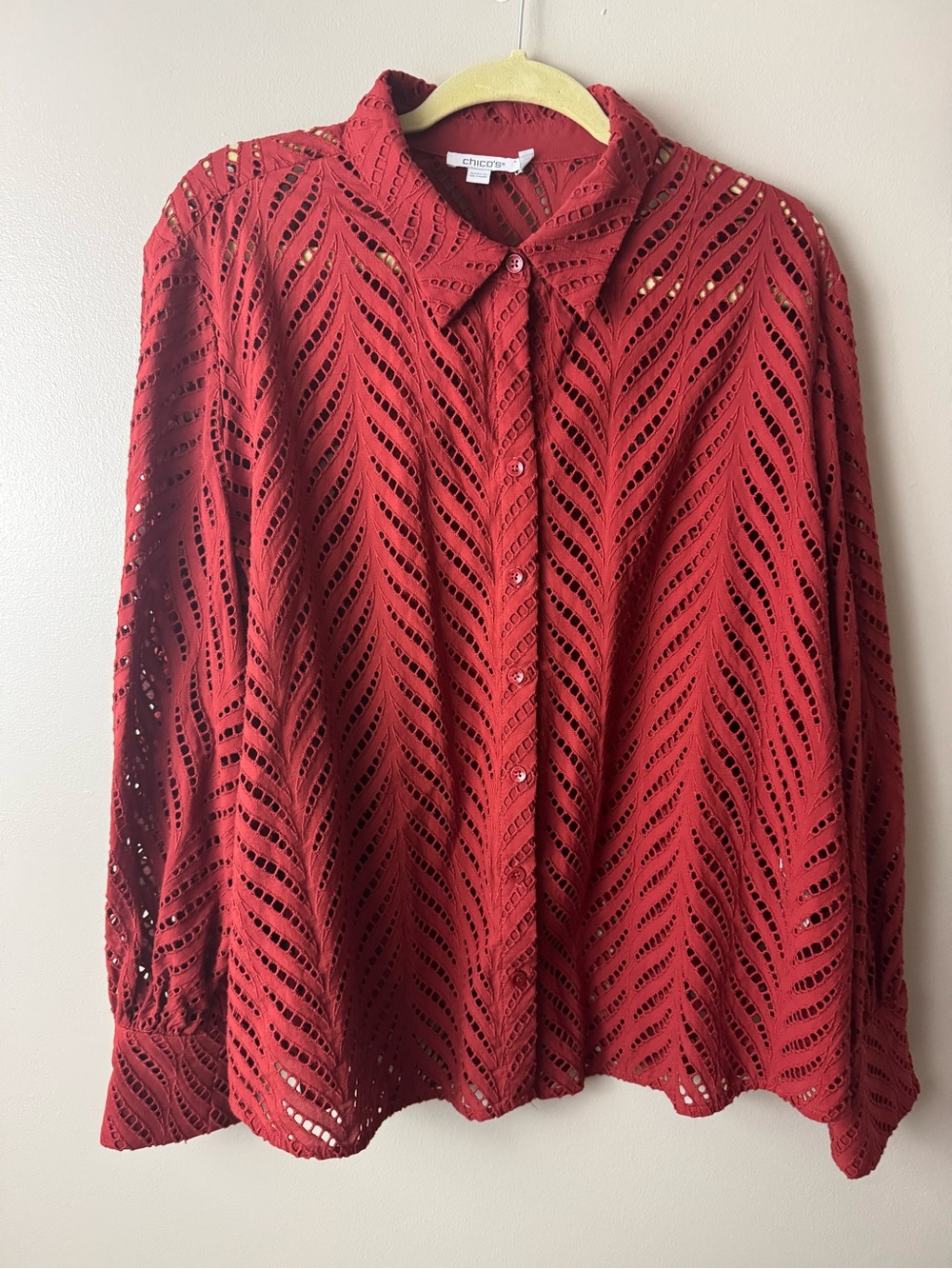 Chico's Rust Eyelet Button-Down Shirt Size 3.5 (1XL) Boho Cottagecore Casual